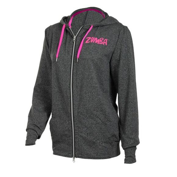 ZUMBA Elegance Full Zip Logo Hoodie Gray Pink Kangaroo Pocket Womens Small - Picture 8 of 9